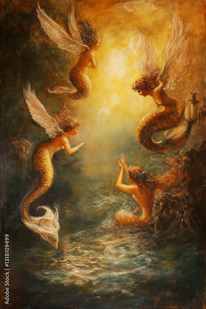 Black and Dark Academia style artwork and Oil Painting, home decor for moody and dark theme a painting of two mermaids in the water
