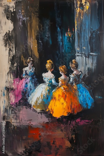 Obraz na płótnie Black and Dark Academia style artwork and Oil Painting, home decor for moody and dark theme a painting of three women in colorful dresses w salonie