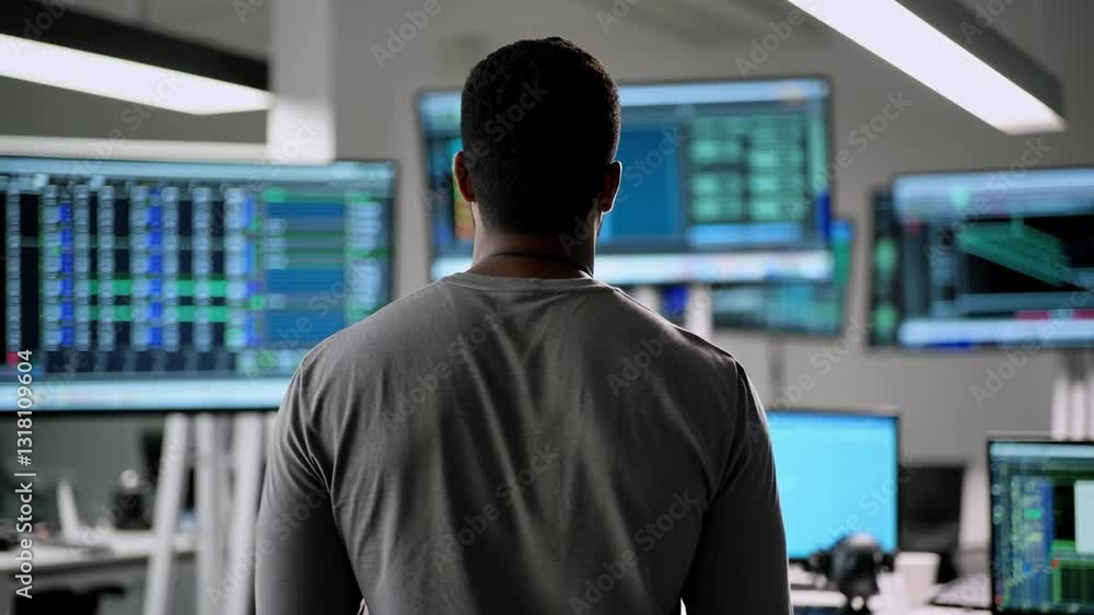 African American Male Data Analyst Analyzing Financial Data in a Modern Tech Hub with Multiple Monitors Displaying Complex Graphs and Charts African American Male Data Analyst Analyzing Financial Data in a Modern Tech Hub with Multiple Monitors Displaying Complex Graphs and Charts