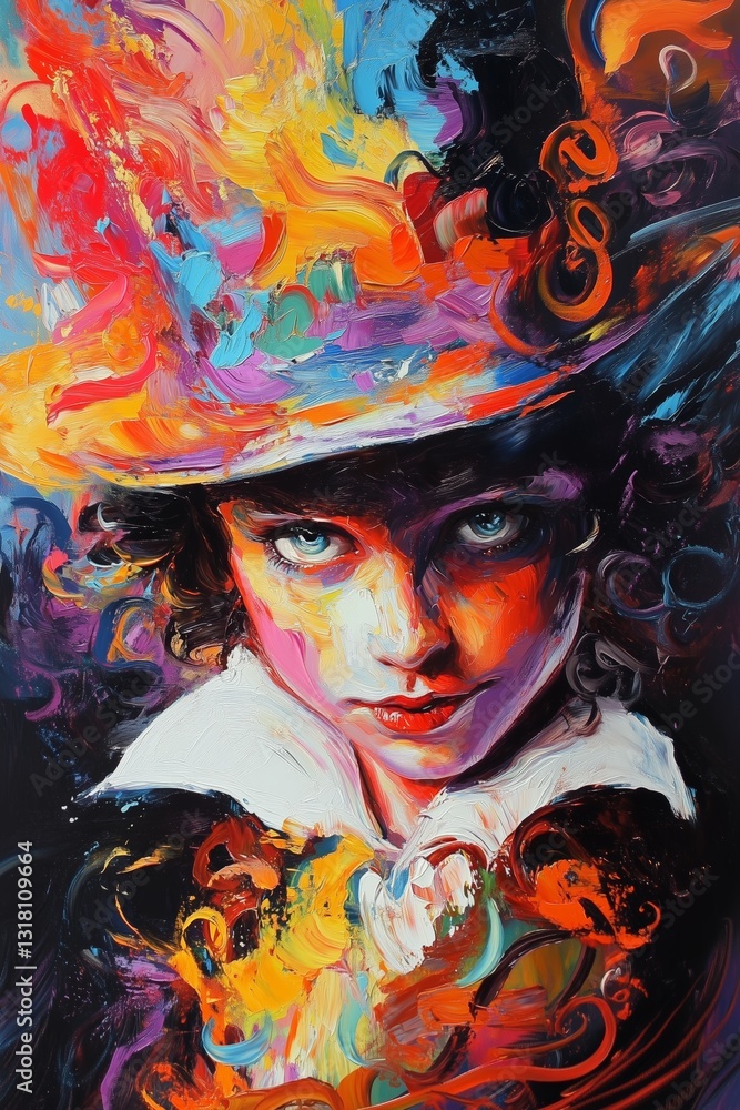 Black and Dark Academia style artwork and Oil Painting, home decor for moody and dark theme a painting of a woman with a hat and a hat on