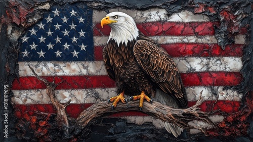 Bald eagle perched on branch, American flag background, patriotic art, wall decor