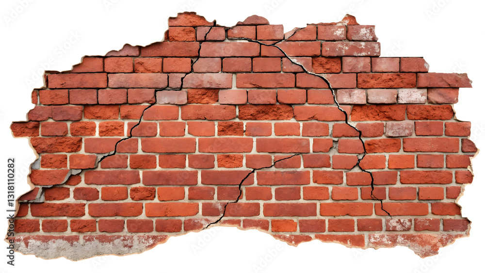 Obraz premium cracked red brick wall cut out on white or transparent background, png