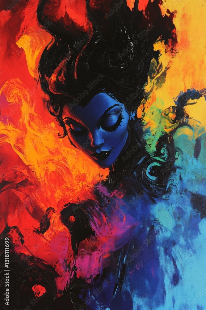 Black and Dark Academia style artwork and Oil Painting, home decor for moody and dark theme a painting of a woman with a blue face and black hair