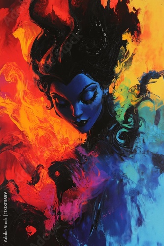 Obraz na płótnie Black and Dark Academia style artwork and Oil Painting, home decor for moody and dark theme a painting of a woman with a blue face and black hair w salonie