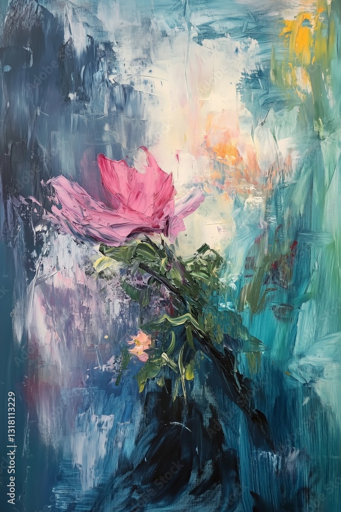 Black and Dark Academia style artwork and Oil Painting, home decor for moody and dark theme a painting of a pink flower in a vase