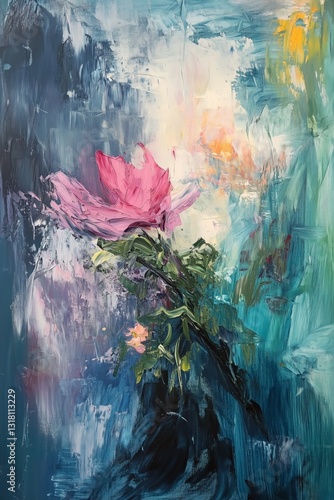 Obraz na płótnie Black and Dark Academia style artwork and Oil Painting, home decor for moody and dark theme a painting of a pink flower in a vase w salonie