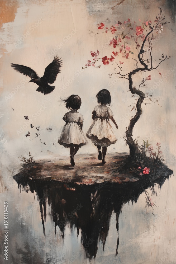 Black and Dark Academia style artwork and Oil Painting, home decor for moody and dark theme a painting of two children on a table with birds flying around