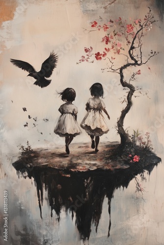 Obraz na płótnie Black and Dark Academia style artwork and Oil Painting, home decor for moody and dark theme a painting of two children on a table with birds flying around w salonie