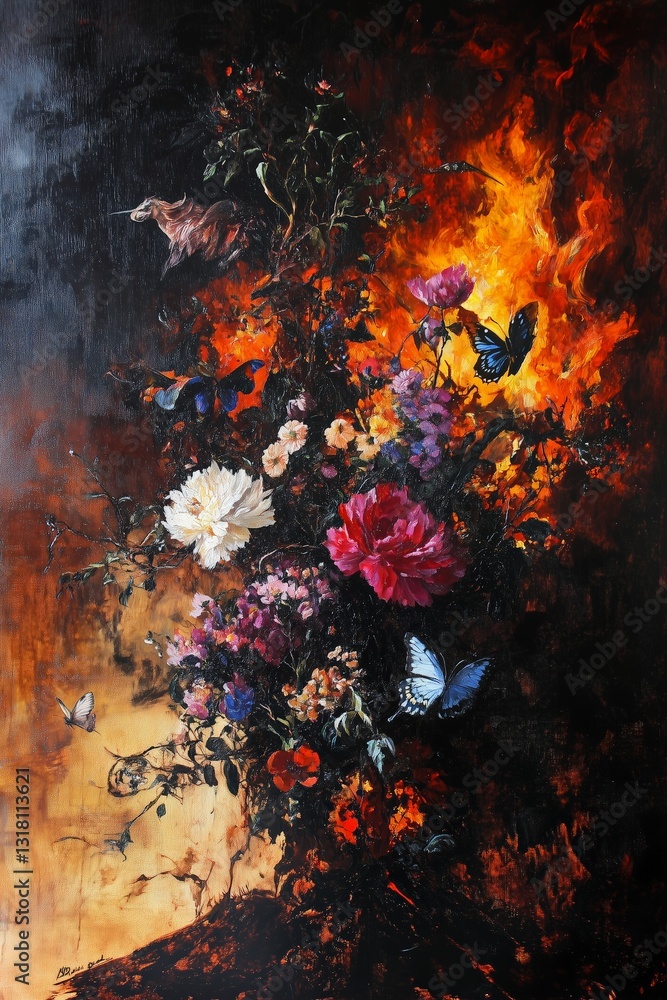 Black and Dark Academia style artwork and Oil Painting, home decor for moody and dark theme a painting of flowers and butterflies in a vase