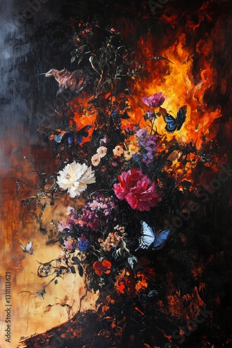 Black and Dark Academia style artwork and Oil Painting, home decor for moody and dark theme a painting of flowers and butterflies in a vase
