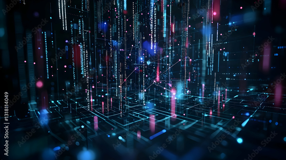 Fototapeta premium 3D Render Of Futuristic Cyberspace Data Stream With Pink And Blue Glowing Lines