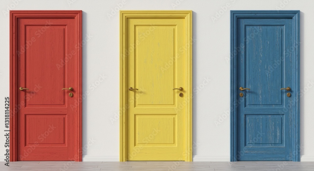 Three red, yellow, blue, wooden doors isolated on a white background Three red, yellow, blue, wooden doors isolated on a white background