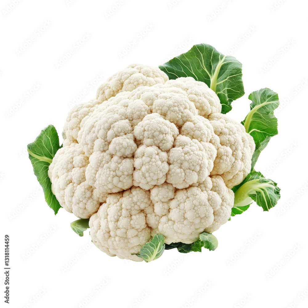 Fresh cauliflower with green leaves displayed on a transparent background showcasing its texture and natural color, Cauliflower on transparent background Fresh cauliflower with green leaves displayed on a transparent background showcasing its texture and natural color, Cauliflower on transparent background