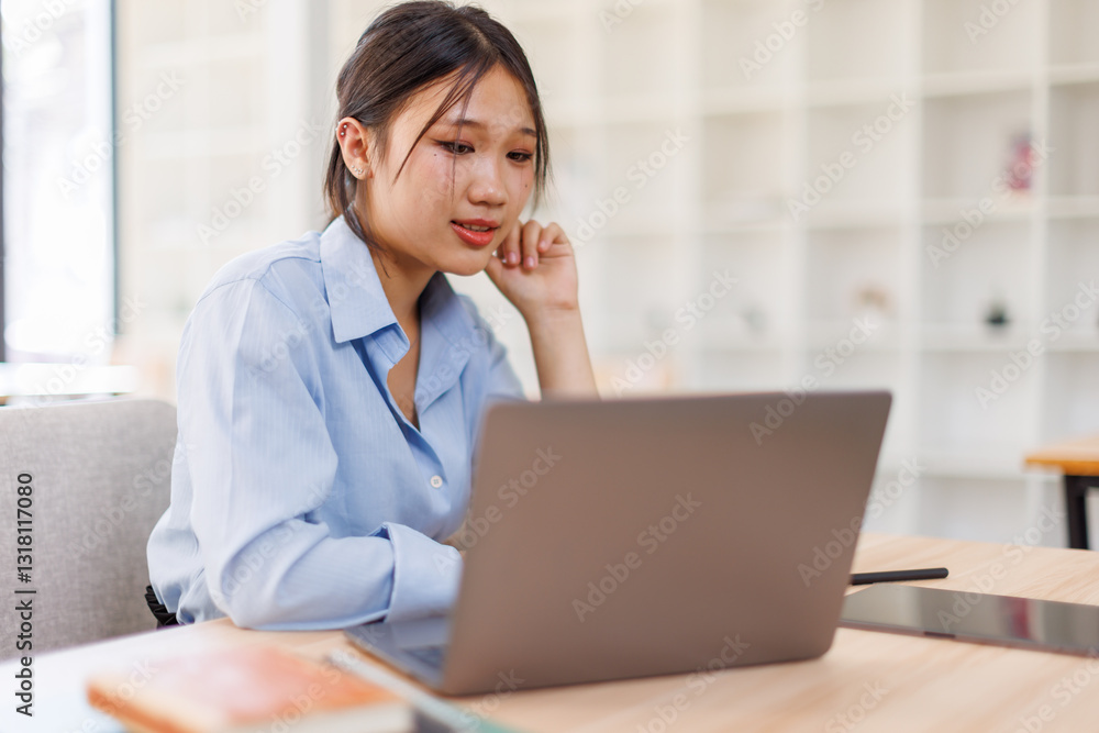 Young asian female entrepreneur working on a laptop at business meeting in a corporate workplace.
Young asian female entrepreneur working on a laptop at business meeting in a corporate workplace.