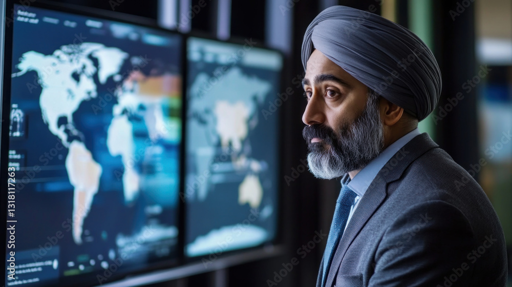 A focused professional in a suit and turban analyzes global data on large screens in a modern office, showcasing technology and international trends A focused professional in a suit and turban analyzes global data on large screens in a modern office, showcasing technology and international trends