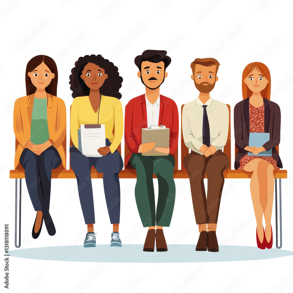 Obraz premium A diverse group of individuals patiently waiting for a job interview in a modern setting, PNG file no background Diverse people waiting for a job interview
