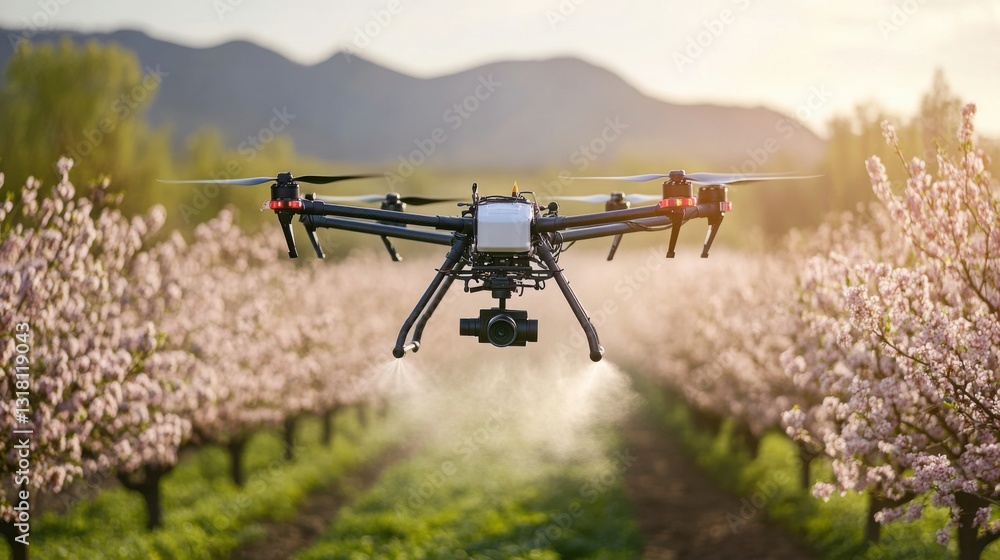Drone Spraying Pesticide Over Blooming Orchard in Spring Light Drone Spraying Pesticide Over Blooming Orchard in Spring Light