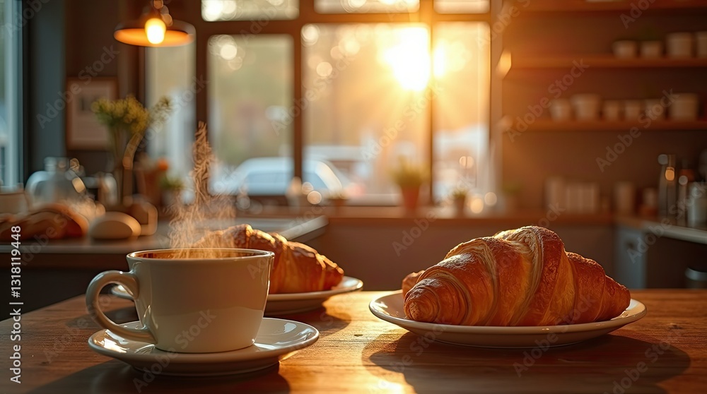 breakfast with croissant and coffee breakfast with croissant and coffee