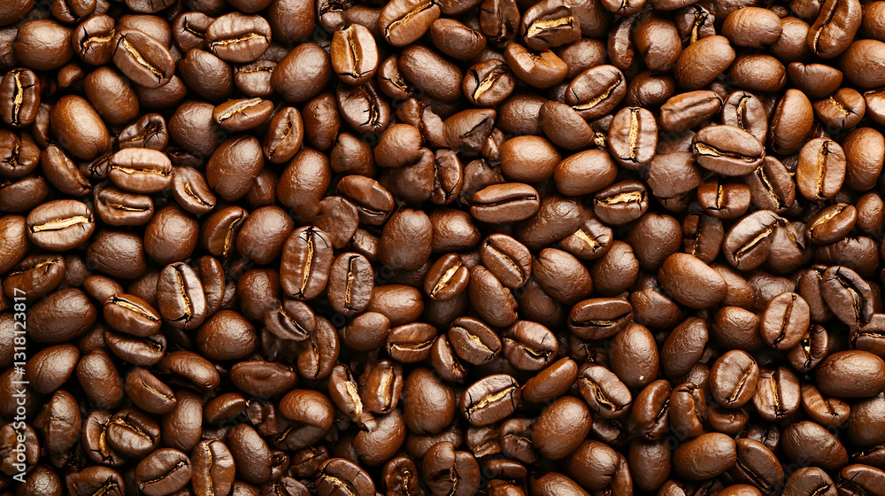 Fototapeta premium Close Up Shot Of Roasted Brown Coffee Beans Displaying Detailed Texture And Surface With Warm Lighting And Dark Background Highlighting Food
