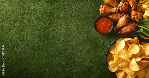 Game Day Grub: Chicken Wings, Nachos, and Salsa on a Green Background