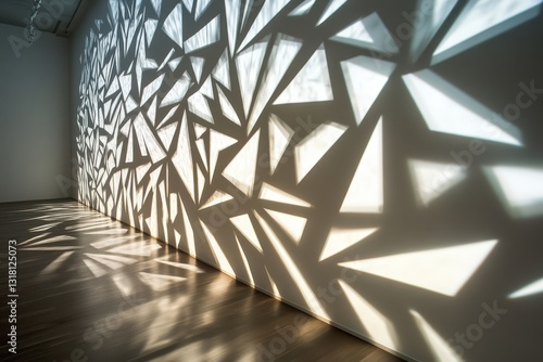 Abstract Geometric Shadows on White Wall and Wooden Floor in Minimalist Interior.