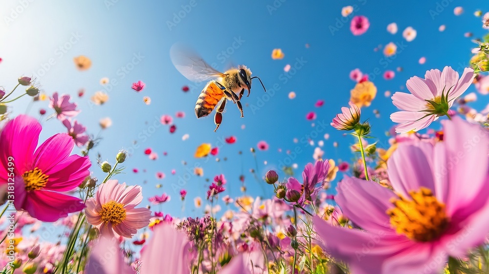A close-up of a bee hovering above a cosmos flower, its wings in motion, surrounded by a colorful array of cosmos flowers, with a bright blue sky above. A close-up of a bee hovering above a cosmos flower, its wings in motion, surrounded by a colorful array of cosmos flowers, with a bright blue sky above.