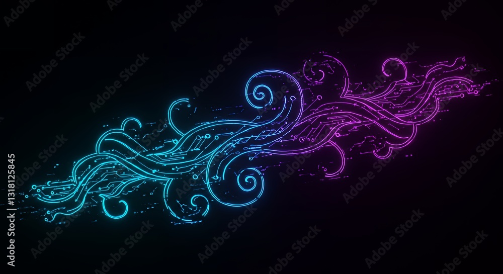 Futuristic Japanese Karakusa pattern with neon cyber grid overlay, glowing electric blue and purple lines forming intricate swirling vines, merging traditional elegance with high-tech aesthetics. Futuristic Japanese Karakusa pattern with neon cyber grid overlay, glowing electric blue and purple lines forming intricate swirling vines, merging traditional elegance with high-tech aesthetics.