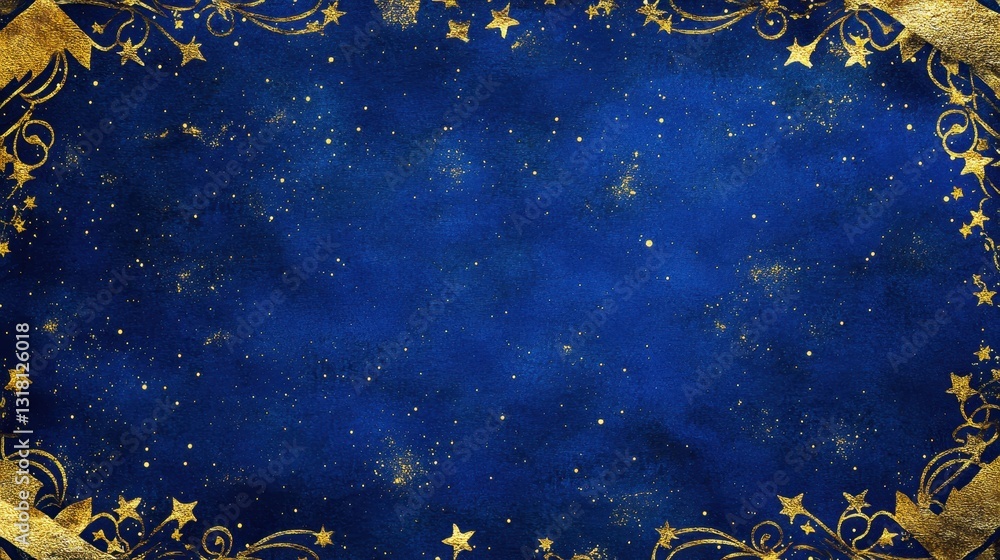 Elegant Navy Blue and Gold Frame with Stars and Swirls, Celestial Watercolor Texture Background Elegant Navy Blue and Gold Frame with Stars and Swirls, Celestial Watercolor Texture Background