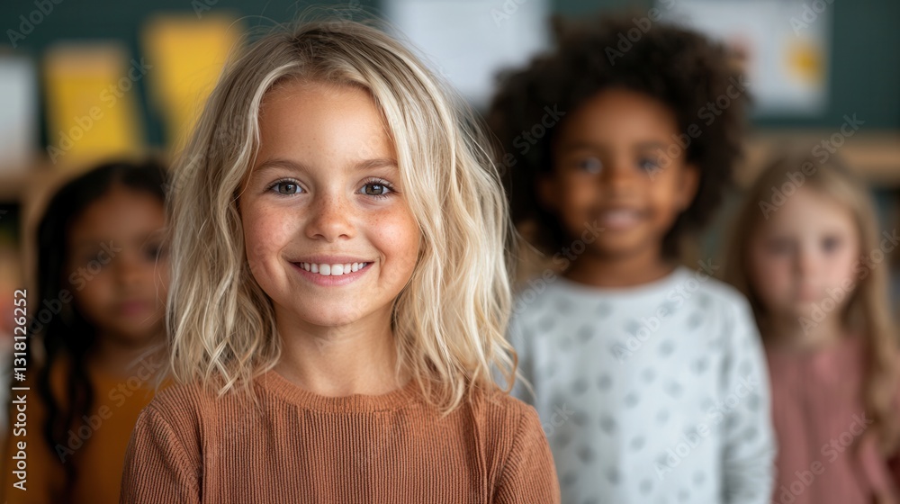 Happy children in classroom smiling with confidence and joy, warm ambiance Happy children in classroom smiling with confidence and joy, warm ambiance