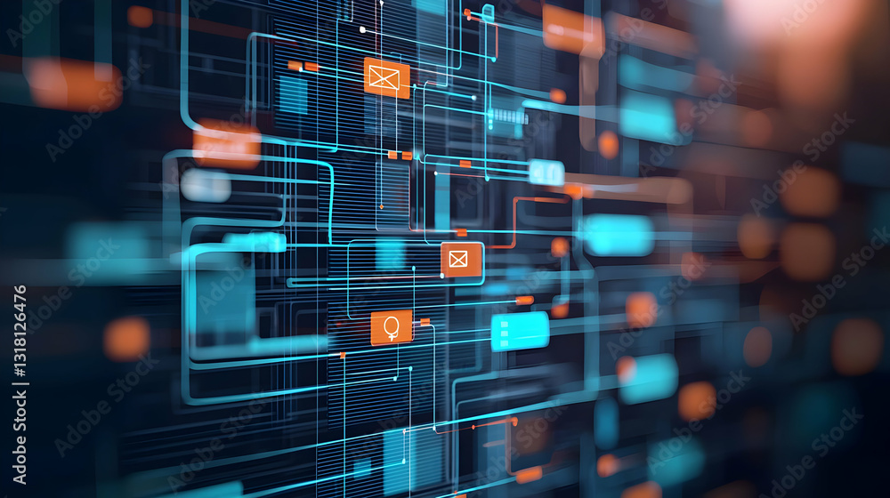 Obraz premium Complex Network Of Interconnected Digital Nodes And Data Streams In Shades Of Blue And Orange On Dark Background Representing Modern Technology And