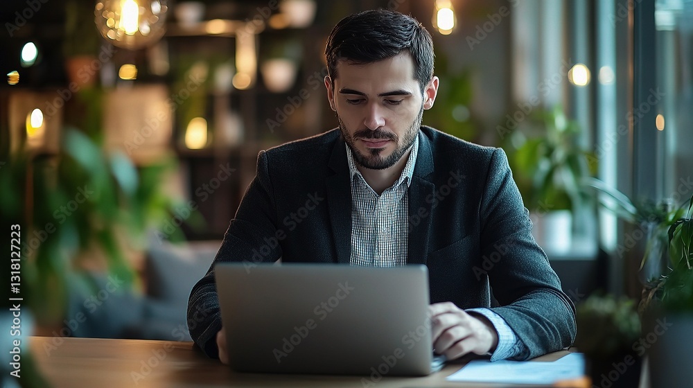 Young Professional Man Working at Desk with Laptop in Office Environment Young Professional Man Working at Desk with Laptop in Office Environment