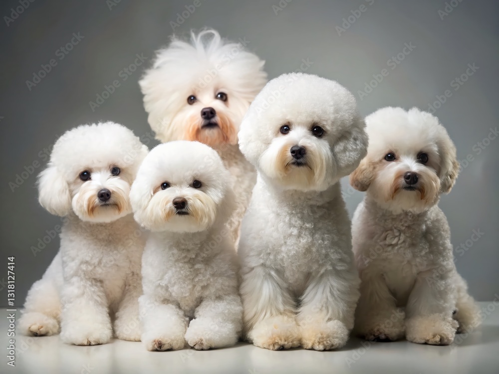 Fluffy Bichon Frise Dogs Posing in a Modern Studio - Adorable Pet Photography Fluffy Bichon Frise Dogs Posing in a Modern Studio - Adorable Pet Photography