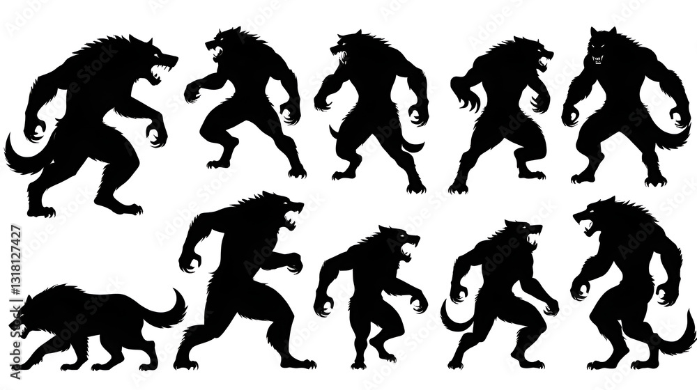 Werewolf silhouettes set, monster pack of vector silhouette design, isolated background Werewolf silhouettes set, monster pack of vector silhouette design, isolated background