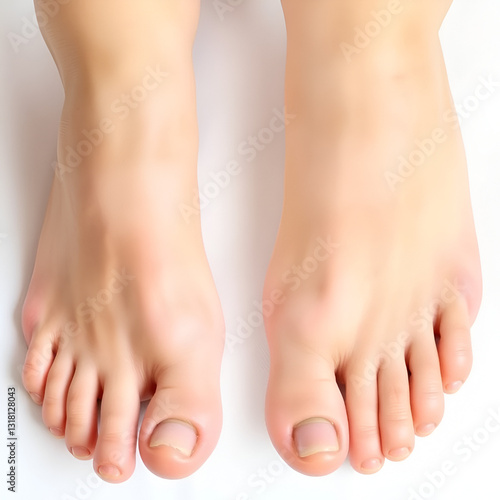 Female feet with corns and calluses and without them, on a white background. Foot close-up. Cosmetology and medicine. Before and after concept