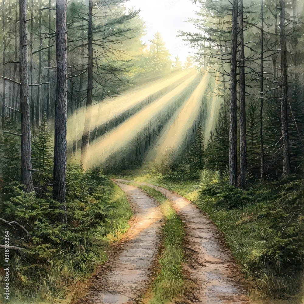Obraz premium Sunlight Path Through Peaceful Forest