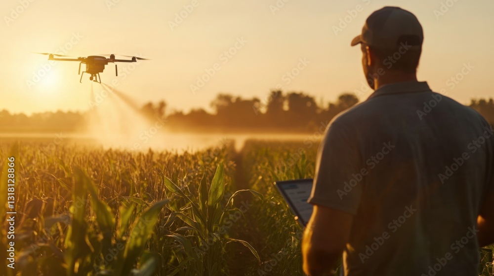 Farmer Operates Drone for Precision Agriculture at Golden Hour Farmer Operates Drone for Precision Agriculture at Golden Hour