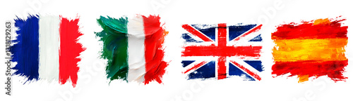 National flags of France, Italy, the United Kingdom, and Spain displayed in vibrant brush-stroke style