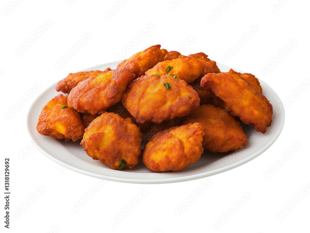 Pakora on white plate serving isolated on a white background Pakora on white plate serving isolated on a white background