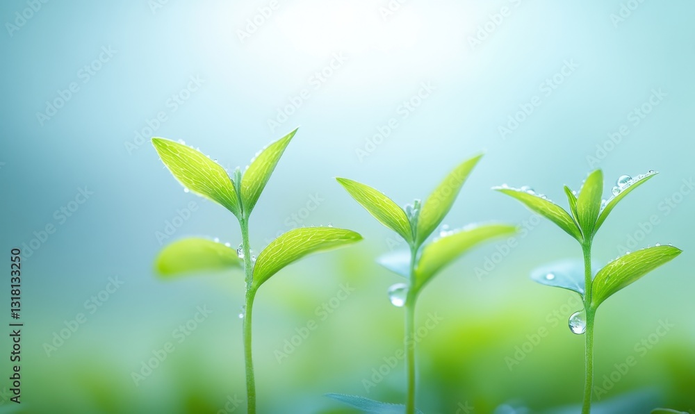 Dewy sprouts in morning light, new growth, spring nature background, hope concept Dewy sprouts in morning light, new growth, spring nature background, hope concept