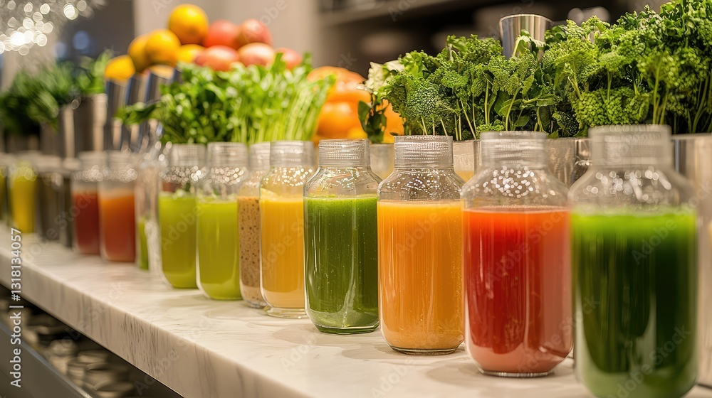 A fresh juice bar setup, with a variety of flavors displayed A fresh juice bar setup, with a variety of flavors displayed