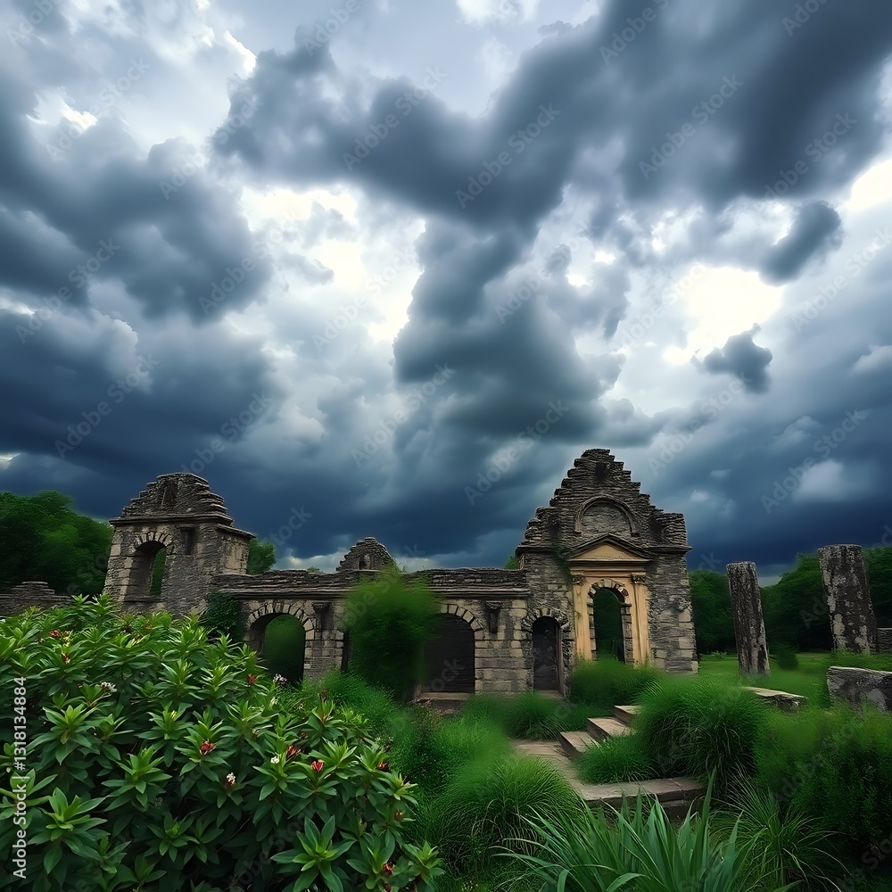 Ancient ruins with vines and overgrown plants in the background Ancient ruins with vines and overgrown plants in the background
