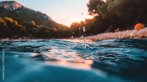 Sunset Serenity: Water Droplet Splashing in Tranquil Coastal Waters