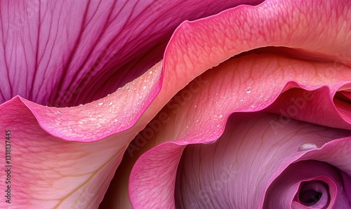 Pink rose petals close-up with water drops, floral background, beauty product use
