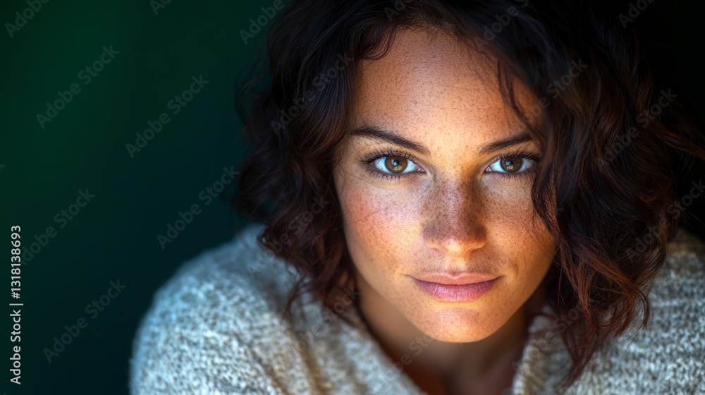 Naklejka premium Confident Woman Portrait Freckles Brown Eyes Natural Beauty