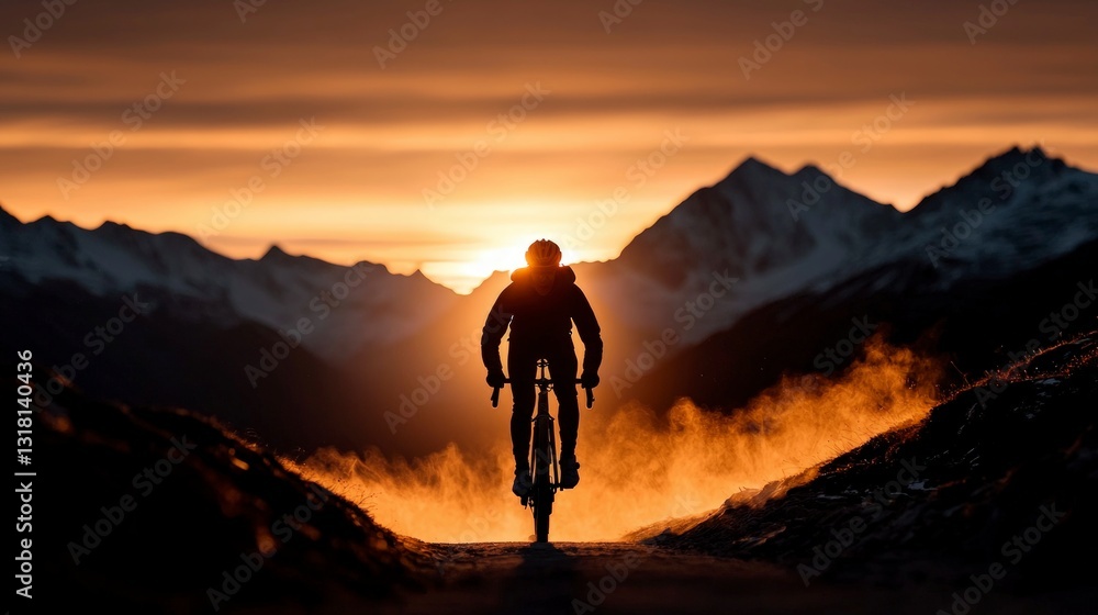 Cyclist Silhouette at Sunset Alpine Mountain Pass Gravel Bike Adventure Cyclist Silhouette at Sunset Alpine Mountain Pass Gravel Bike Adventure