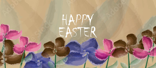 Trendy Happy Easter design featuring stylish typography and a hand-drawn spring floral pattern. poster, greeting card, or website banner.