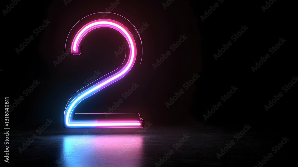 Vibrant Neon Number Two Glowing With Pink And Blue Light Reflected On A Dark Surface Vibrant Neon Number Two Glowing With Pink And Blue Light Reflected On A Dark Surface