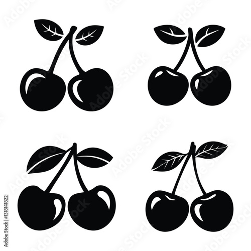 Minimalist cherry icon set with black silhouettes of sweet berries and leaves, flat vector cherry fruit illustrations for food branding, organic cherry berry symbols for grocery store signage.
