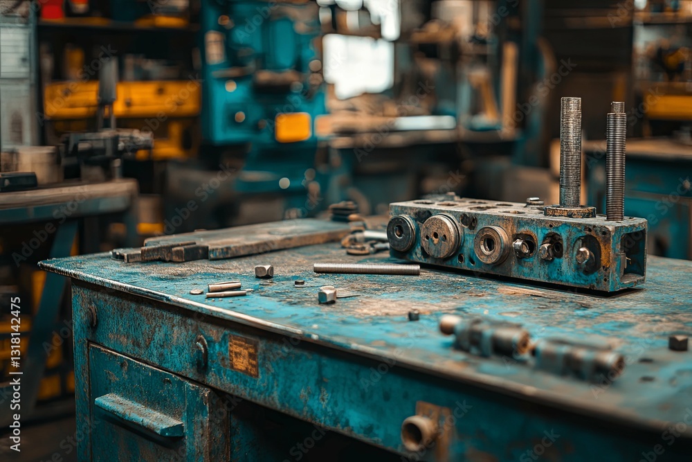 A detailed view of the workshop with metallic components A detailed view of the workshop with metallic components