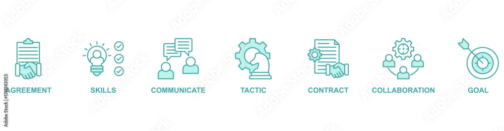 Fototapeta premium Negotiation banner web icon vector illustration concept with icon of agreement, skills, communicate, tactic, contract, collaboration, goal